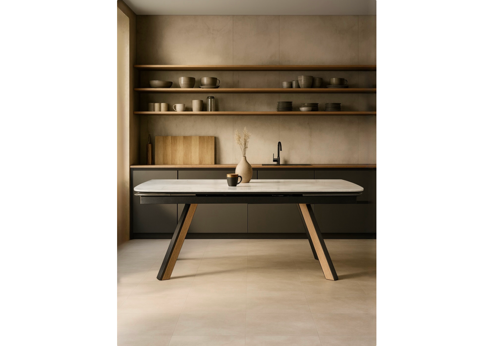 фото керамический стол woodville симмонс 180(260)x90 statuario titan gloss / черный / орех дуб монтана 621517 | 220svet.ru