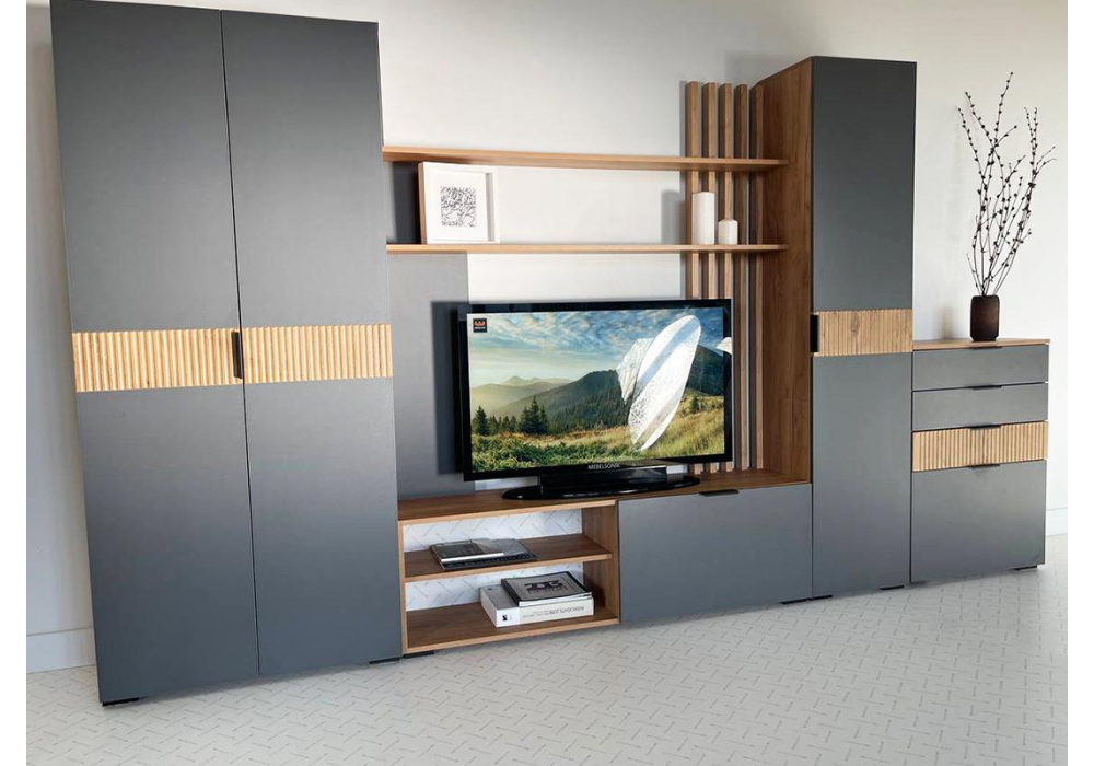 фото гостиная woodville бери дуб крафт золотой / графит 570022 | 220svet.ru